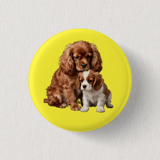 Ruby Cavalier Spaniel and her Blenheim puppy 3 Cm Round Badge (Front)