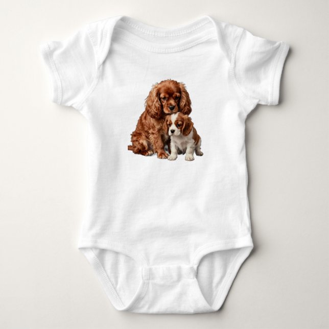 Ruby Cavalier Spaniel and her Blenheim puppy Baby Bodysuit (Front)