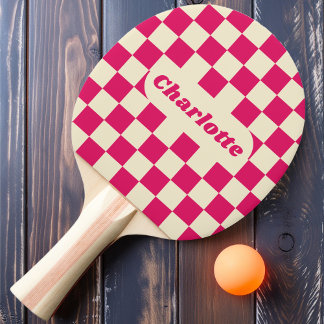 Ruby & Cream Chequered with Name Ping Pong Paddle