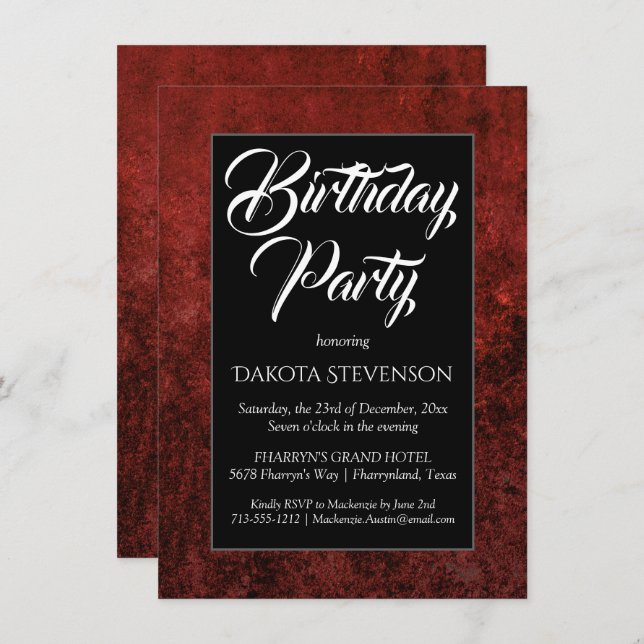 Ruby Crimson Red | Classic Grunge Birthday Party Invitation (Front/Back)