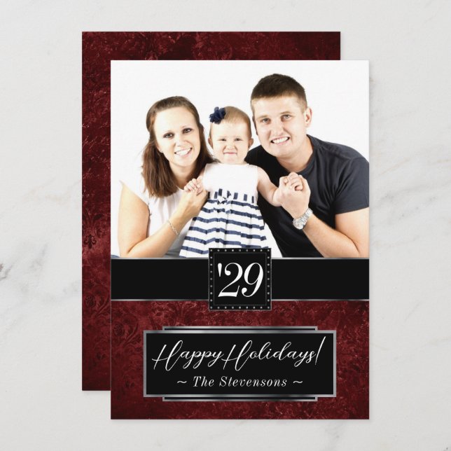 Ruby Crimson Red | Classic Grunge Watercolor Photo Holiday Card (Front/Back)