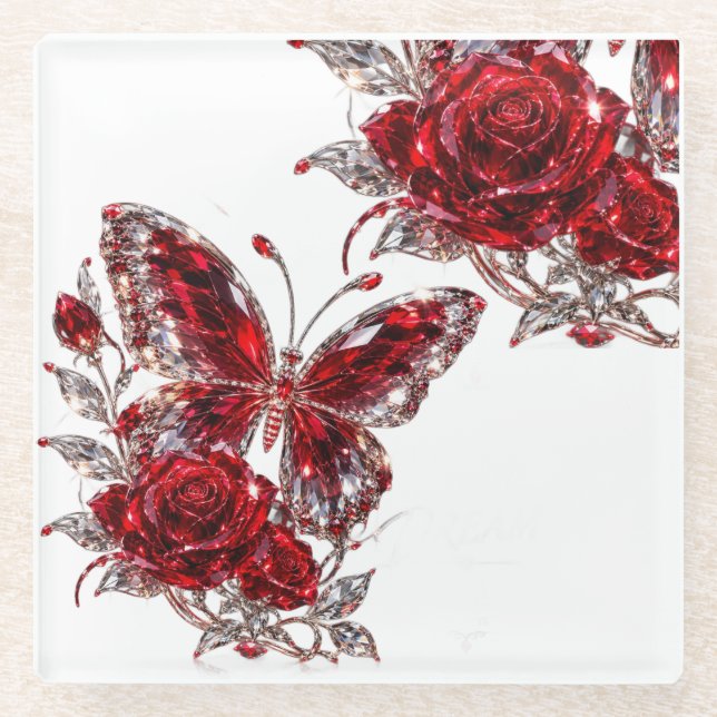 Ruby Crystal Butterfly & Rose Glass Coaster (Front)