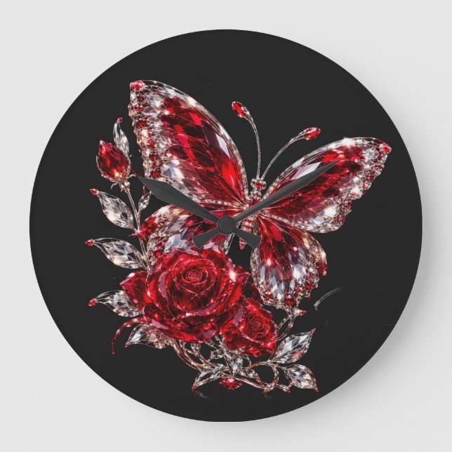 Ruby Crystal Butterfly & Rose Large Clock (Front)