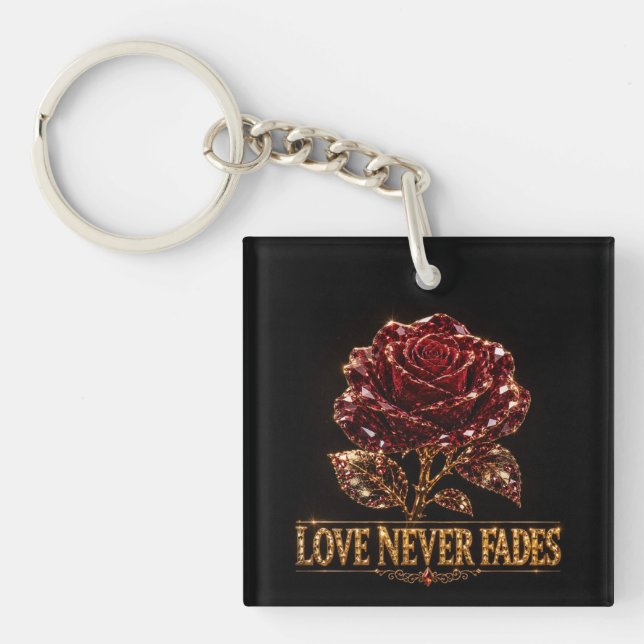 Ruby Crystal Rose – Love Never Fades Key Ring (Front)