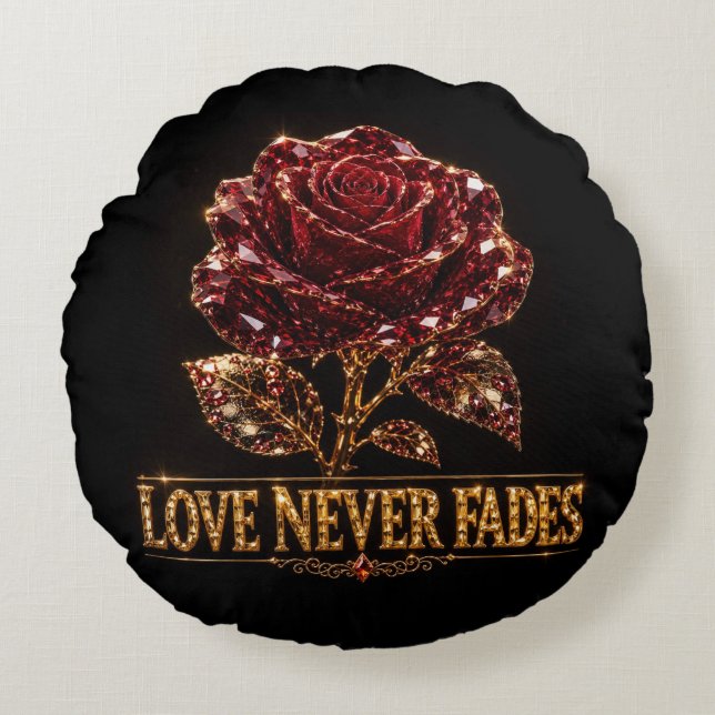 Ruby Crystal Rose – Love Never Fades Round Cushion (Front)