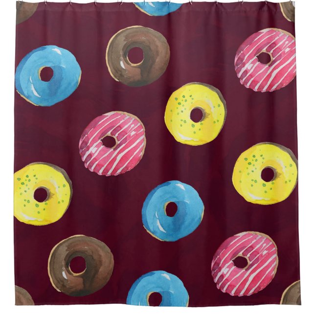 Ruby Doughnuts: Watercolor Seamless Pattern. Shower Curtain (Front)