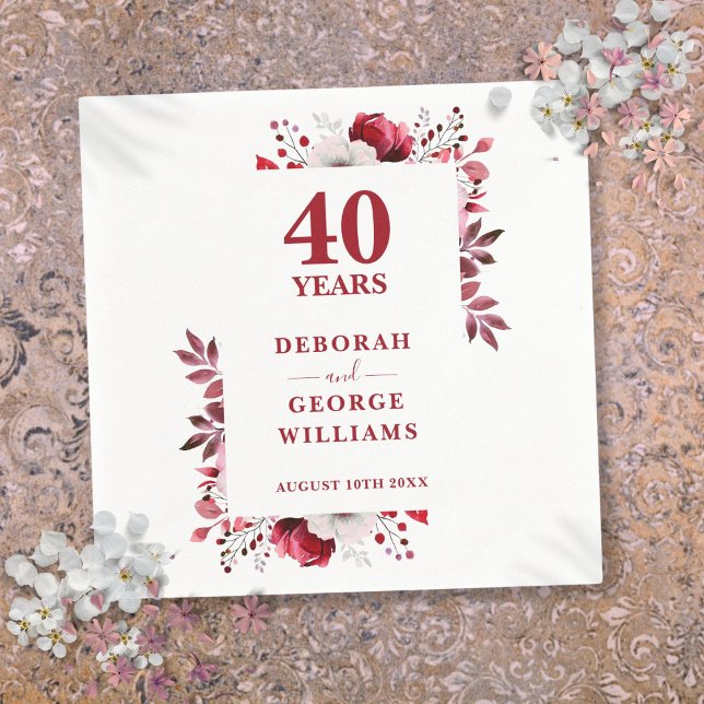 Ruby Elegant Floral 40th Wedding Anniversary  Napkin (Ruby Elegant Floral 40th Wedding Anniversary Napkins)