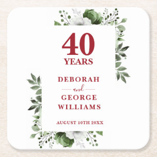 Ruby Elegant Floral 40th Wedding Anniversary  Square Paper Coaster