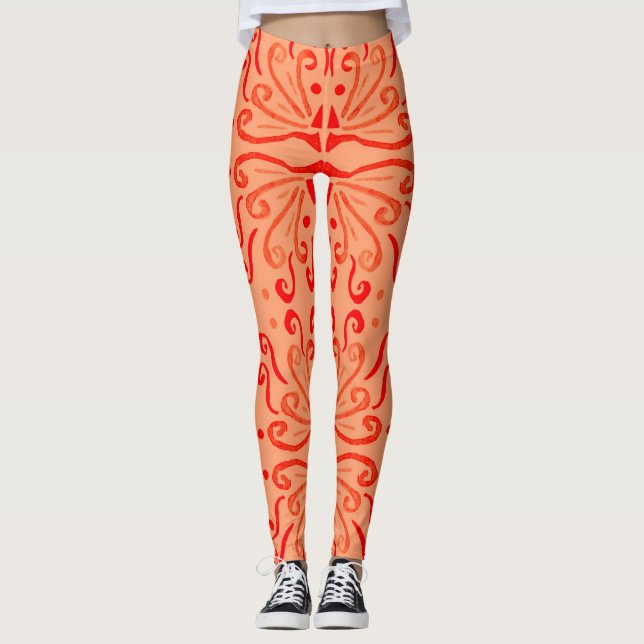 Ruby Floral: Tribal Geometric Pattern. Leggings (Front)