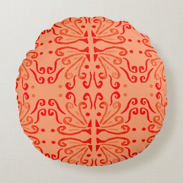 Ruby Floral: Tribal Geometric Pattern. Round Cushion (Front)