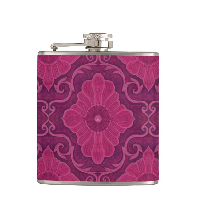 Ruby flower arabesque floral pattern hip flask (Front)