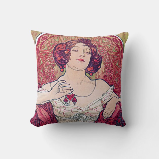 Ruby (Four Jewels), Alphonse Mucha Cushion (Front)