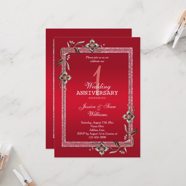 Ruby Gem & Glitter  1st Wedding  Anniversary Invitation (Front/Back In Situ)