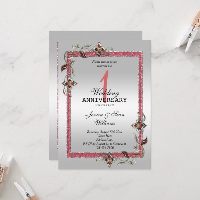Ruby Gem, Glitter & Silver 1st Wedding   Invitation (Front/Back In Situ)