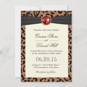 Ruby Gemstone Black Ribbon Leopard Print Wedding Invitation