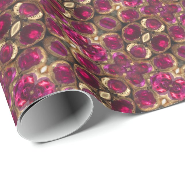 Ruby Gold Gemstone Pattern Elegant Chic Festive Wrapping Paper (Roll Corner)