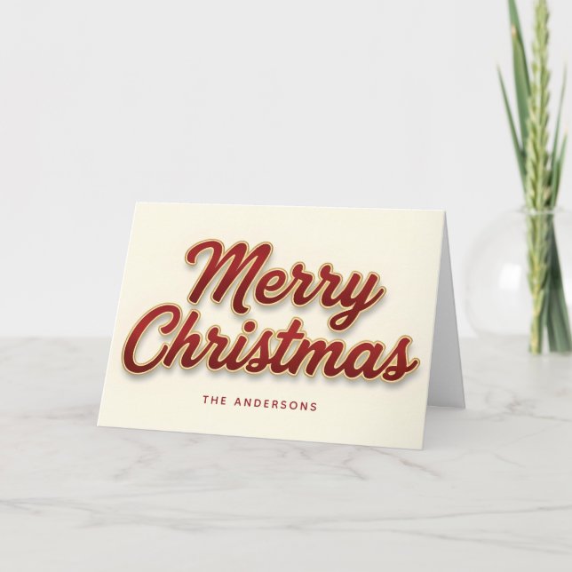 Ruby & Gold Retro Script Merry Christmas Holiday Card (Front)