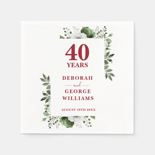 Ruby Greenery Floral 40th Wedding Anniversary  Napkin (Front)