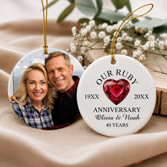 Ruby Heart 40th Wedding Anniversary Personalised Ceramic Ornament (Creator Uploaded)
