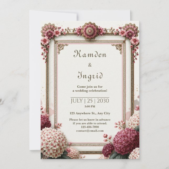 Ruby Hydrangea Filigree Wedding Invitation (Front)