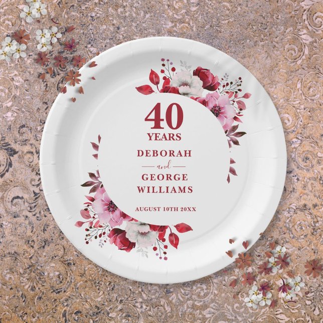 Ruby Modern Floral 40th Wedding Anniversary  Paper Plate (Ruby Modern Floral 40th Wedding Anniversary Paper Plates)