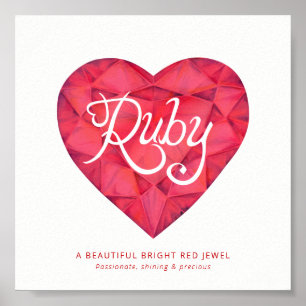 Ruby name meaning watercolor heart red gem poster