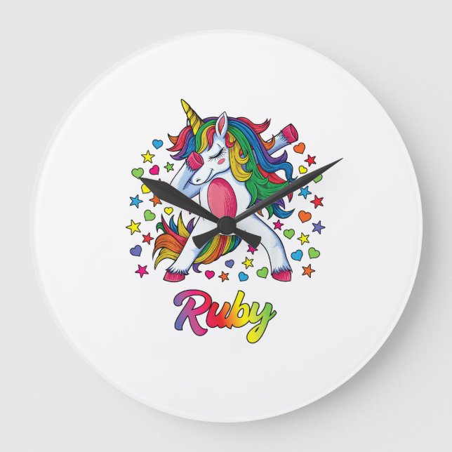 Ruby Personalised Name Unicorn Girl Gift T-Shirt Large Clock (Front)