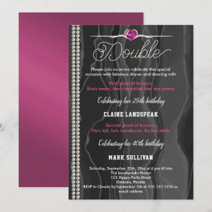 Ruby Pink Joint Birthday Black Silk Double Party Invitation