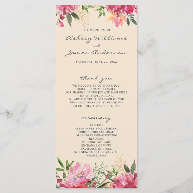 Ruby Pink Peony Botanical Ivory Wedding Program (Front)