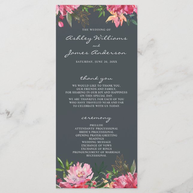 Ruby Pink Peony Botanical Wedding Program (Front)