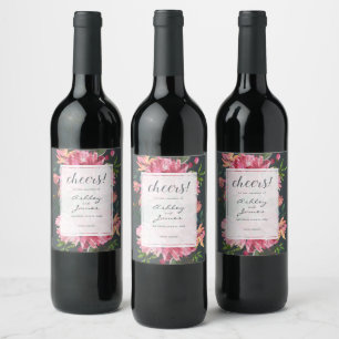 Ruby Pink Peony Floral Botanical Cheers Wedding Wine Label