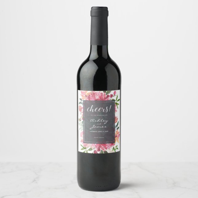 Ruby Pink Peony Floral Botanical Cheers Wedding Wine Label (Front)