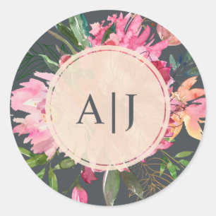 Ruby Pink Peony Floral Botanical Monogram Classic Round Sticker