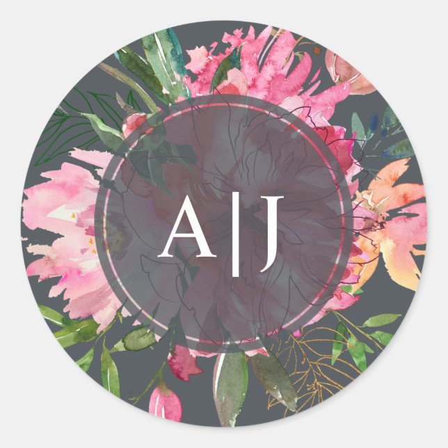 Ruby Pink Peony Floral Botanical Monogram Classic Round Sticker (Front)