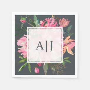 Ruby Pink Peony Floral Botanical Monogram Napkin