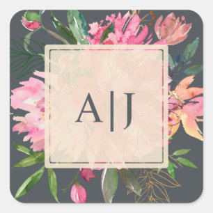 Ruby Pink Peony Floral Botanical Monogram Square Sticker