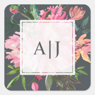 Ruby Pink Peony Floral Botanical Monogram Square Sticker