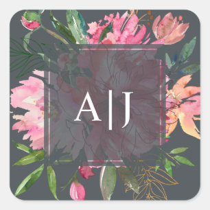 Ruby Pink Peony Floral Botanical Monogram Square Sticker