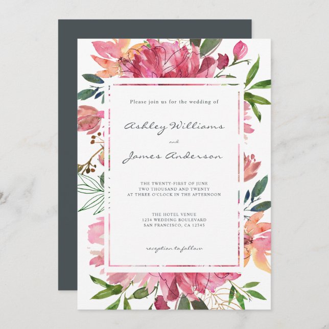 Ruby Pink Peony Floral Botanical Wedding Invitation (Front/Back)