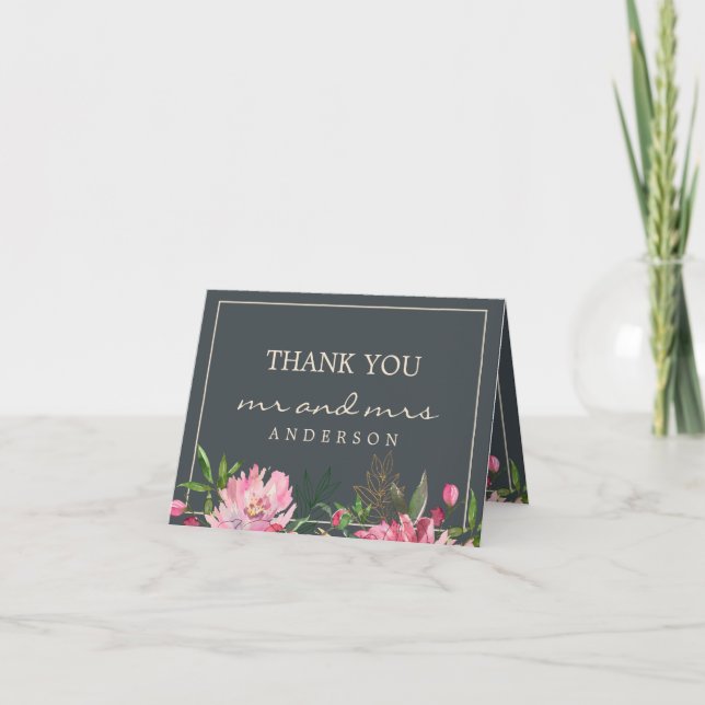 Ruby Pink Peony Floral Botanical Wedding Photo Thank You Card (Front)