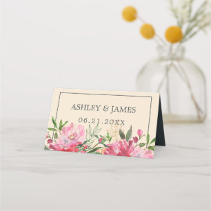 Ruby Pink Peony Floral Botanical Wedding Place Card