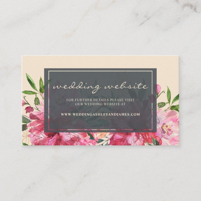 Ruby Pink Peony Floral Botanical Wedding Website Enclosure Card (Front)