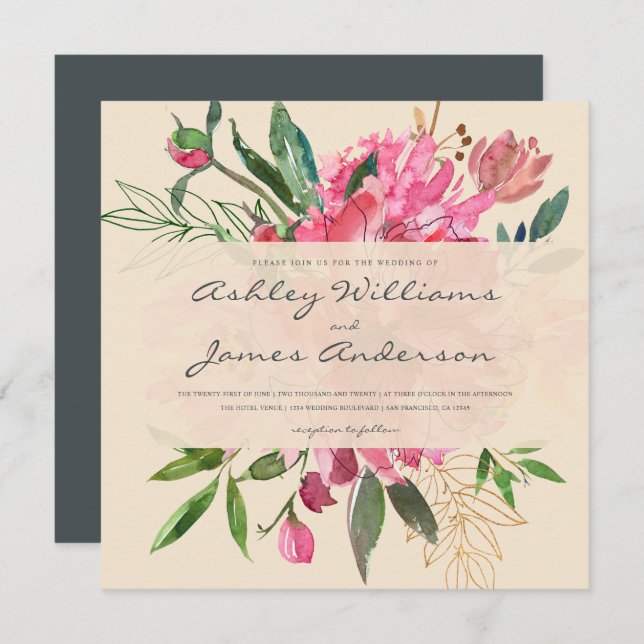 Ruby Pink Peony Floral Bouquet Ivory Wedding Invitation (Front/Back)