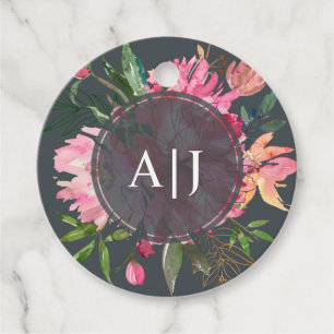 Ruby Pink Peony Floral Monogram Wedding Favour Tags
