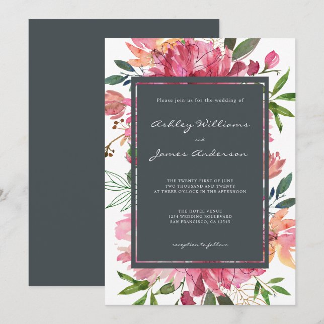 Ruby Pink Peony Floral Wedding Invitation (Front/Back)