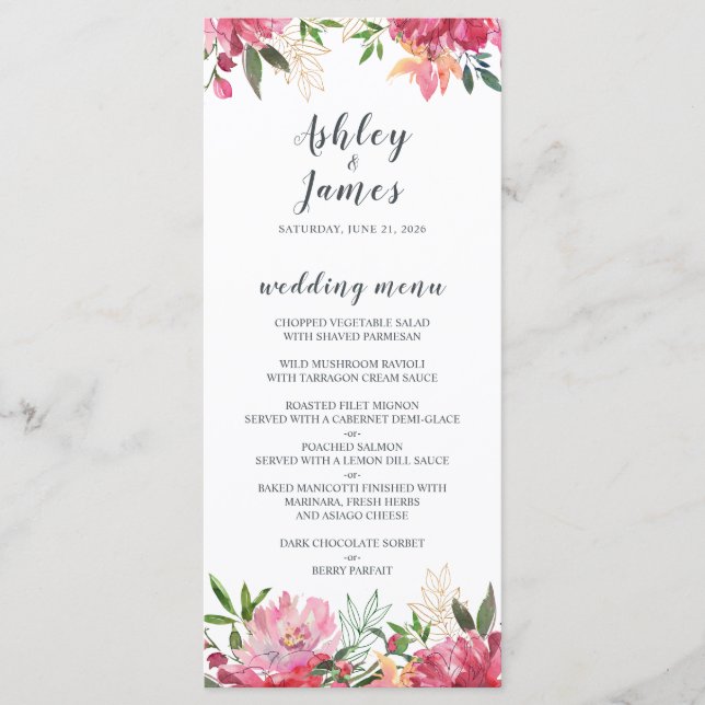 Ruby Pink Peony Floral Wedding Menu (Front)