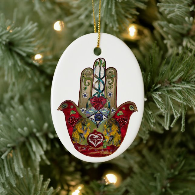 Ruby Pomegranate Heart Red Bird Hamsa Ceramic Ornament (Tree)