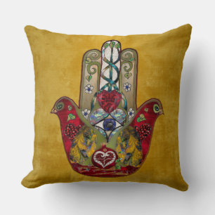 Ruby Pomegranate Heart Red Bird Hamsa Cushion