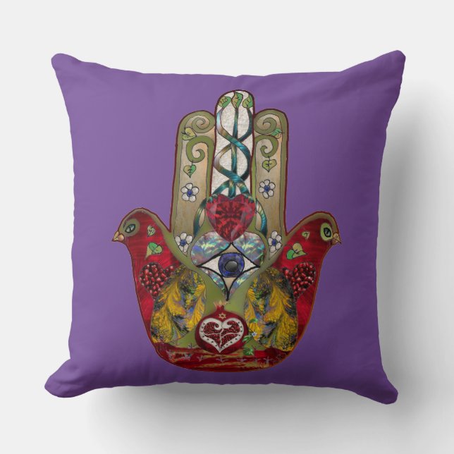 Ruby Pomegranate Heart Red Bird Hamsa Cushion (Front)