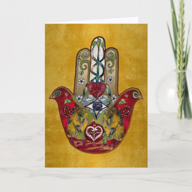 Ruby Pomegranate Heart Red Bird Hamsa Holiday Card (Front)